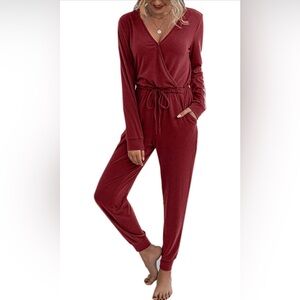 Red Jumpsuit with Wrap V-Neck and Tie Waist